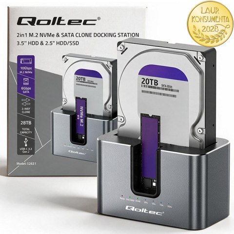 Qoltec Stacja dokująca 2w1 HDD SSD | SATA | M.2 NVMe | Klonowanie | USB-C 3.2 Gen 2 | 10Gb/s | 28TB | Aluminium