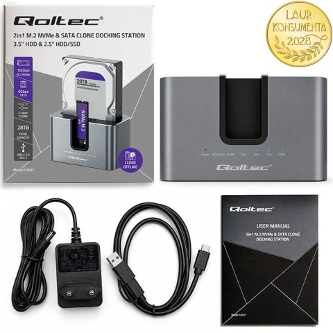 Qoltec Stacja dokująca 2w1 HDD SSD | SATA | M.2 NVMe | Klonowanie | USB-C 3.2 Gen 2 | 10Gb/s | 28TB | Aluminium