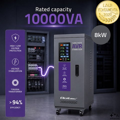 Qoltec Trójfazowy stabilizator napięcia AVR MULTIPROTECTION |10kVA | Dokładność ± 3% | Serwomotor 3F | LCD | Expert Line