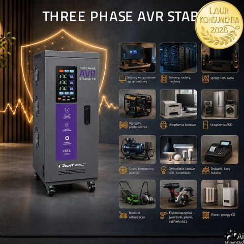 Qoltec Trójfazowy stabilizator napięcia AVR MULTIPROTECTION |10kVA | Dokładność ± 3% | Serwomotor 3F | LCD | Expert Line