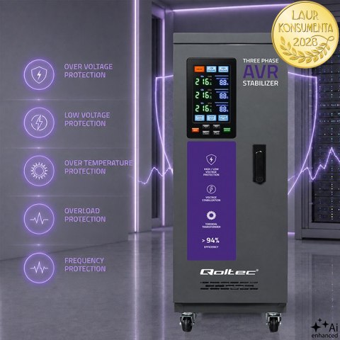 Qoltec Trójfazowy stabilizator napięcia AVR MULTIPROTECTION |10kVA | Dokładność ± 3% | Serwomotor 3F | LCD | Expert Line