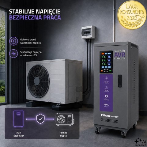 Qoltec Trójfazowy stabilizator napięcia AVR MULTIPROTECTION |10kVA | Dokładność ± 3% | Serwomotor 3F | LCD | Expert Line