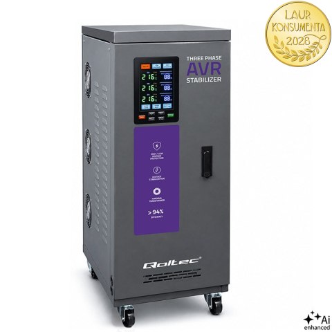Qoltec Trójfazowy stabilizator napięcia AVR MULTIPROTECTION |15kVA | Dokładność ± 3% | Serwomotor 3F | LCD | Expert Line