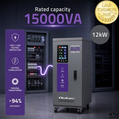 Qoltec Trójfazowy stabilizator napięcia AVR MULTIPROTECTION |15kVA | Dokładność ± 3% | Serwomotor 3F | LCD | Expert Line