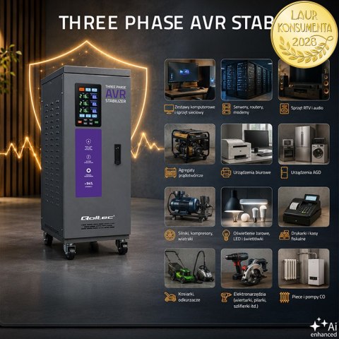 Qoltec Trójfazowy stabilizator napięcia AVR MULTIPROTECTION |15kVA | Dokładność ± 3% | Serwomotor 3F | LCD | Expert Line