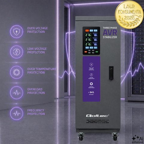 Qoltec Trójfazowy stabilizator napięcia AVR MULTIPROTECTION |15kVA | Dokładność ± 3% | Serwomotor 3F | LCD | Expert Line
