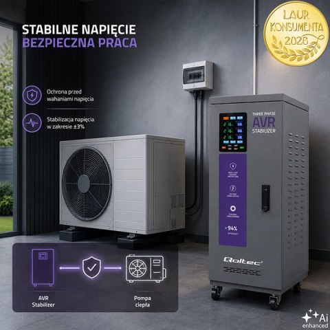 Qoltec Trójfazowy stabilizator napięcia AVR MULTIPROTECTION |15kVA | Dokładność ± 3% | Serwomotor 3F | LCD | Expert Line