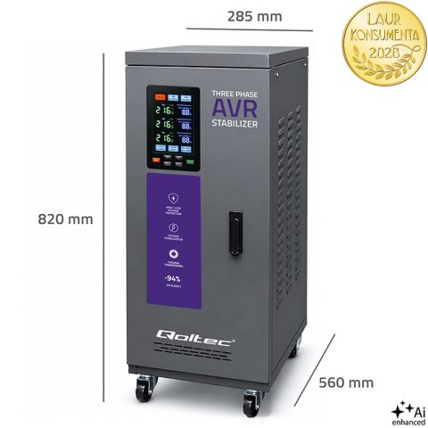 Qoltec Trójfazowy stabilizator napięcia AVR MULTIPROTECTION |15kVA | Dokładność ± 3% | Serwomotor 3F | LCD | Expert Line