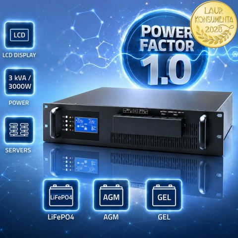 Qoltec Zasilacz awaryjny UPS Pure Sine Wave do RACK | 3kVA | 3000W | PF 1.0 | LCD | EPO | USB | On-line | Kompatybilność z LiFeP