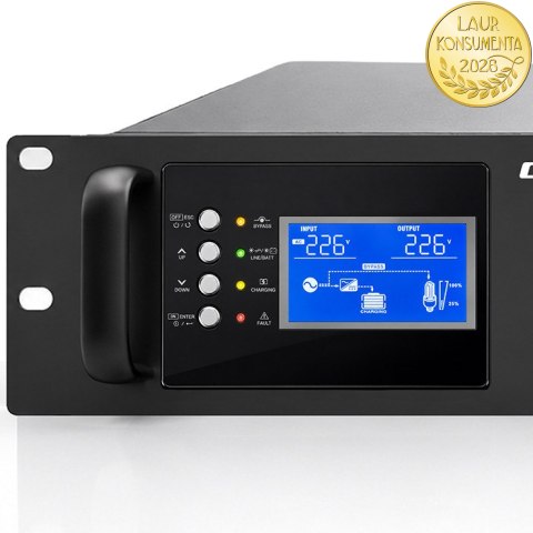 Qoltec Zasilacz awaryjny UPS Pure Sine Wave do RACK | 3kVA | 3000W | PF 1.0 | LCD | EPO | USB | On-line | Kompatybilność z LiFeP