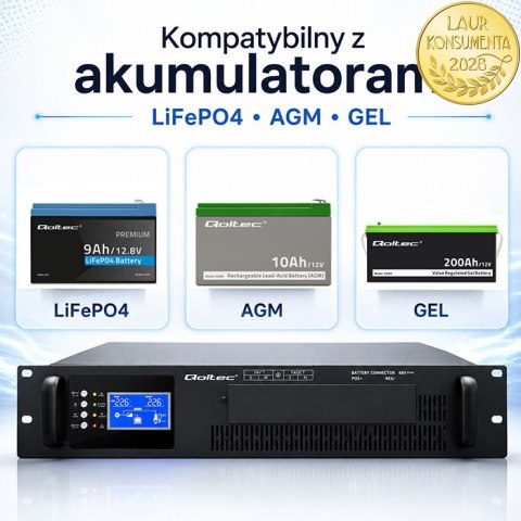 Qoltec Zasilacz awaryjny UPS Pure Sine Wave do RACK | 3kVA | 3000W | PF 1.0 | LCD | EPO | USB | On-line | Kompatybilność z LiFeP