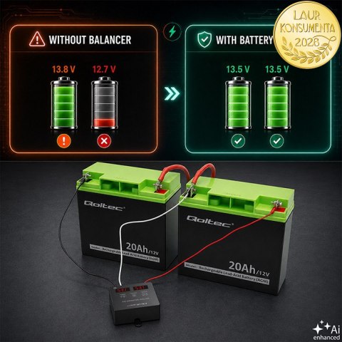 Qoltec Balanser napięcia 24V do akumulatorów 2 x 12V | 5A | AGM GEL LiFePO4 | LED