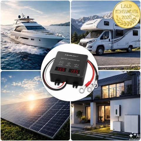 Qoltec Balanser napięcia 24V do akumulatorów 2 x 12V | 5A | AGM GEL LiFePO4 | LED