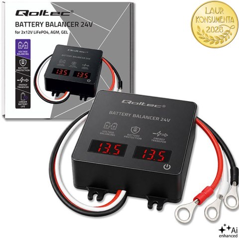 Qoltec Balanser napięcia 24V do akumulatorów 2 x 12V | 5A | AGM GEL LiFePO4 | LED