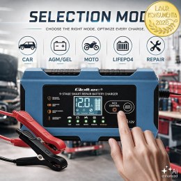 Qoltec Inteligentna ładowarka 12V 6A | Prostownik z funkcją naprawy | MCU | Auto OFF | 9-stopniowe ładowanie | AGM GEL LiFePO4