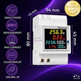 Qoltec Jednofazowy licznik 6w1| miernik zużycia energii na szynę DIN | 230V | 100A | LCD | CT | 3P