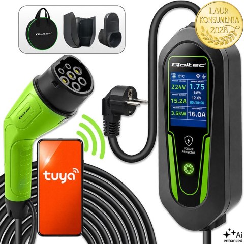 Qoltec Ładowarka do samochodu elektrycznego EV i hybryd z regulacją 2w1 Typ2 | 3.5kW | 230V | SCHUKO 16A | Wi-Fi | Tuya | Smart 