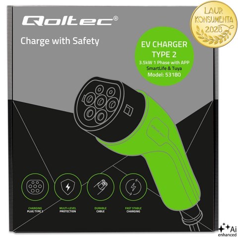 Qoltec Ładowarka do samochodu elektrycznego EV i hybryd z regulacją 2w1 Typ2 | 3.5kW | 230V | SCHUKO 16A | Wi-Fi | Tuya | Smart 