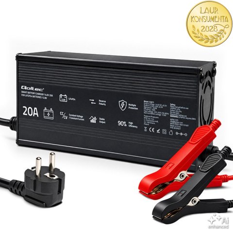 Qoltec Specjalistyczna ładowarka do akumulatora LiFePO4 12V | 20A | PF 0.9 | LED | Inteligentne ładowanie