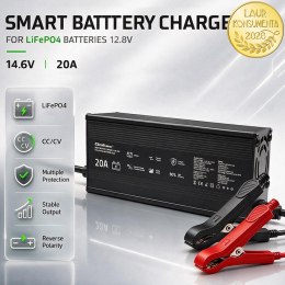 Qoltec Specjalistyczna ładowarka do akumulatora LiFePO4 12V | 20A | PF 0.9 | LED | Inteligentne ładowanie