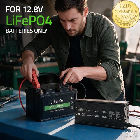 Qoltec Specjalistyczna ładowarka do akumulatora LiFePO4 12V | 20A | PF 0.9 | LED | Inteligentne ładowanie