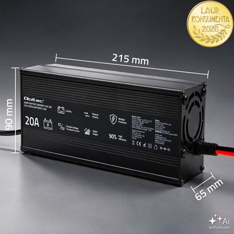 Qoltec Specjalistyczna ładowarka do akumulatora LiFePO4 12V | 20A | PF 0.9 | LED | Inteligentne ładowanie