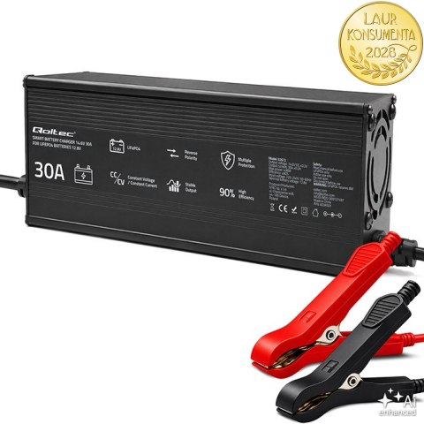 Qoltec Specjalistyczna ładowarka do akumulatora LiFePO4 12V | 20A | PF 0.9 | LED | Inteligentne ładowanie