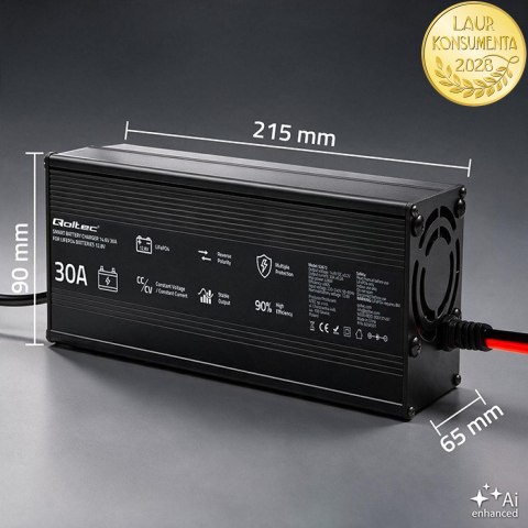 Qoltec Specjalistyczna ładowarka do akumulatora LiFePO4 12V | 30A | PF 0.9 | LED | Inteligentne ładowanie