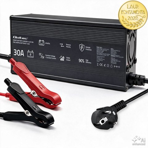 Qoltec Specjalistyczna ładowarka do akumulatora LiFePO4 12V | 30A | PF 0.9 | LED | Inteligentne ładowanie
