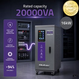Qoltec Trójfazowy stabilizator napięcia AVR MULTIPROTECTION | 20kVA | Dokładność ± 3% | Serwomotor 3F | LCD | Expert Line