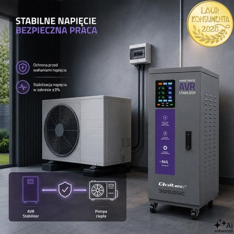 Qoltec Trójfazowy stabilizator napięcia AVR MULTIPROTECTION | 20kVA | Dokładność ± 3% | Serwomotor 3F | LCD | Expert Line
