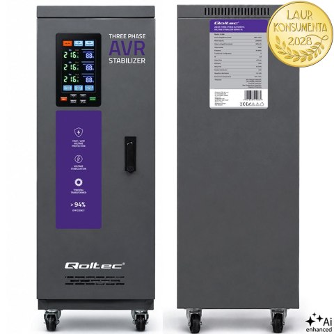 Qoltec Trójfazowy stabilizator napięcia AVR MULTIPROTECTION | 20kVA | Dokładność ± 3% | Serwomotor 3F | LCD | Expert Line