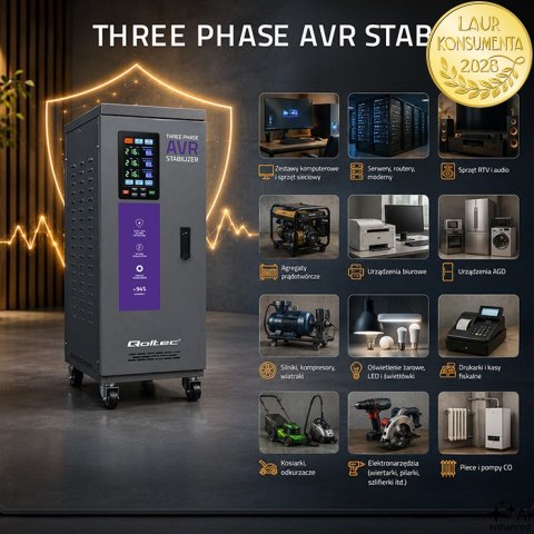 Qoltec Trójfazowy stabilizator napięcia AVR MULTIPROTECTION | 30kVA | Dokładność ± 3% | Serwomotor 3F | LCD | Expert Line