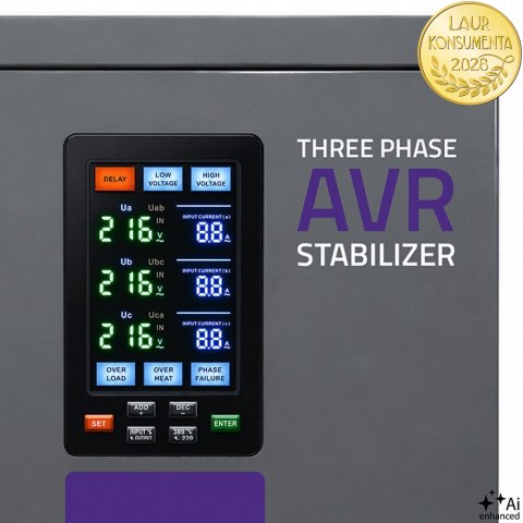 Qoltec Trójfazowy stabilizator napięcia AVR MULTIPROTECTION | 30kVA | Dokładność ± 3% | Serwomotor 3F | LCD | Expert Line