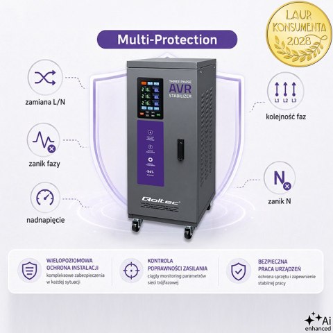 Qoltec Trójfazowy stabilizator napięcia AVR MULTIPROTECTION | 30kVA | Dokładność ± 3% | Serwomotor 3F | LCD | Expert Line