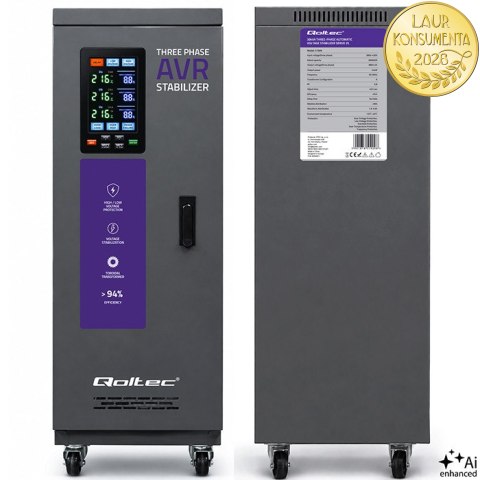 Qoltec Trójfazowy stabilizator napięcia AVR MULTIPROTECTION | 30kVA | Dokładność ± 3% | Serwomotor 3F | LCD | Expert Line