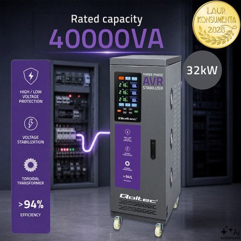 Qoltec Trójfazowy stabilizator napięcia AVR MULTIPROTECTION | 40kVA | Dokładność ± 3% | Serwomotor 3F | LCD | Expert Line