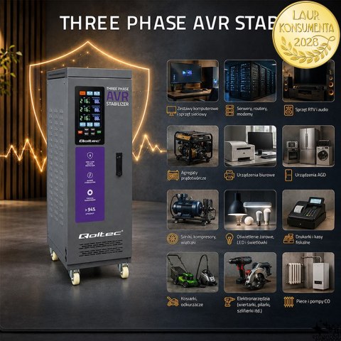 Qoltec Trójfazowy stabilizator napięcia AVR MULTIPROTECTION | 40kVA | Dokładność ± 3% | Serwomotor 3F | LCD | Expert Line