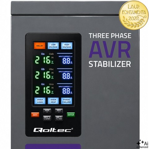 Qoltec Trójfazowy stabilizator napięcia AVR MULTIPROTECTION | 40kVA | Dokładność ± 3% | Serwomotor 3F | LCD | Expert Line