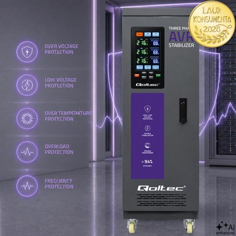 Qoltec Trójfazowy stabilizator napięcia AVR MULTIPROTECTION | 40kVA | Dokładność ± 3% | Serwomotor 3F | LCD | Expert Line