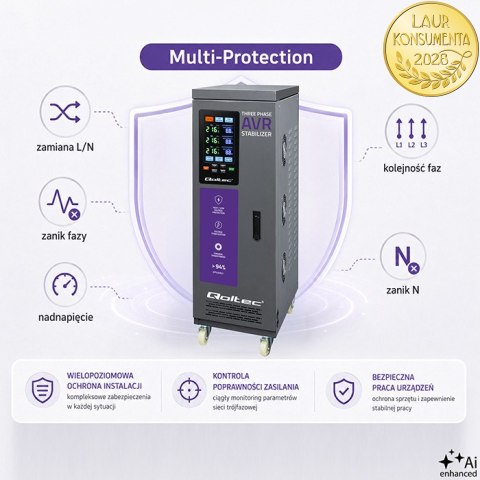 Qoltec Trójfazowy stabilizator napięcia AVR MULTIPROTECTION | 40kVA | Dokładność ± 3% | Serwomotor 3F | LCD | Expert Line
