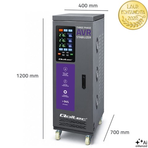 Qoltec Trójfazowy stabilizator napięcia AVR MULTIPROTECTION | 40kVA | Dokładność ± 3% | Serwomotor 3F | LCD | Expert Line