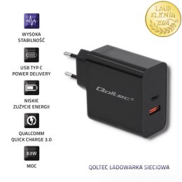 Qoltec Ładowarka sieciowa 63W | 5-20V | 1.5-3A | USB typ C PD | USB QC 3.0 | Czarna